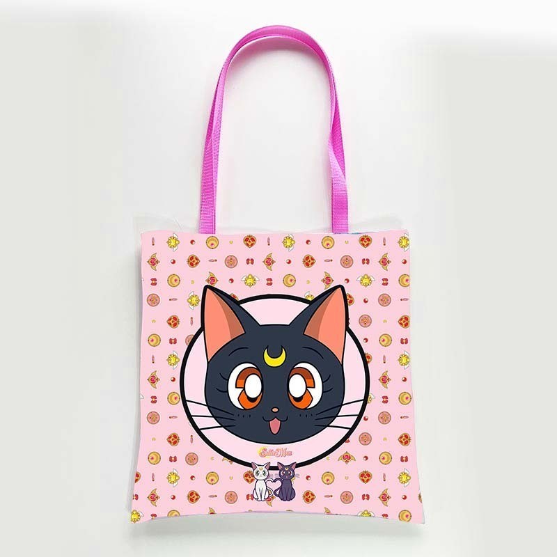 dfpbfriends pink tote bag with Sailor Moon's Luna cat and Artemis, waterproof canvas, pink straps