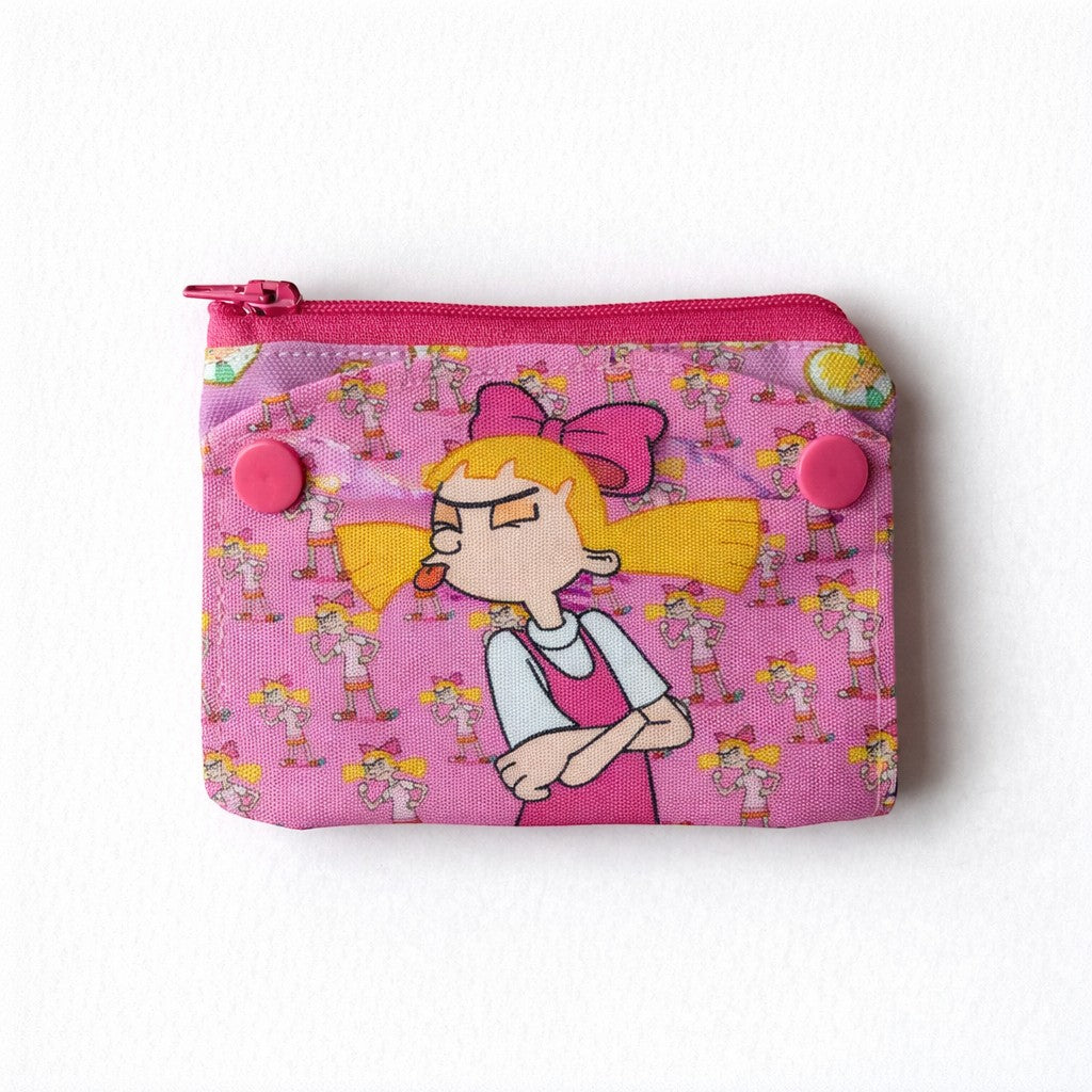 dfpbfriends Helga Pataki pink canvas coin purse with all-over print and pink zipper closure.