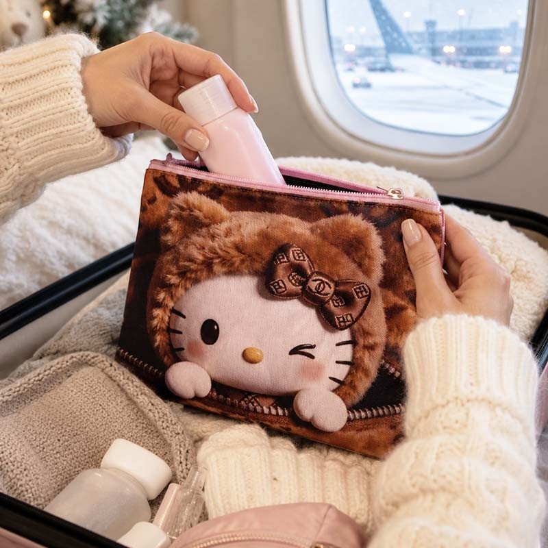 dfpbfriends Neceser Hello Kitty Winter marrón con pelo sintético, lazo y cremallera, ideal para viajes.