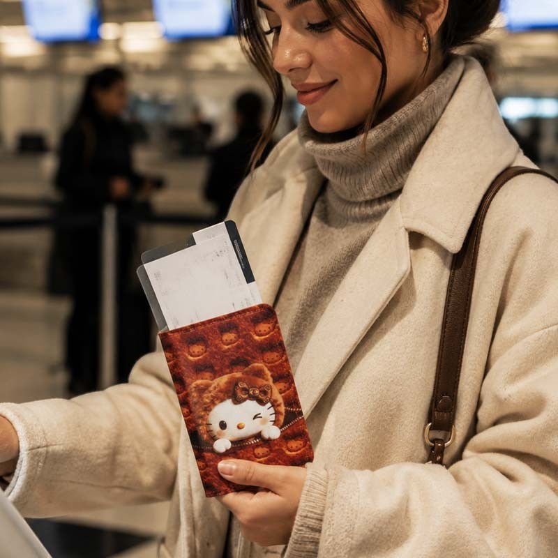 dfpbfriends Porta Pasaporte Hello Kitty Winter de cuerina marrón con diseño de Hello Kitty y bolsillos interiores para tarjetas y pasaporte.