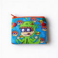 dfpbfriends blue waterproof canvas wallet with Rugrats Carlitos print, orange zipper, and red button closure.