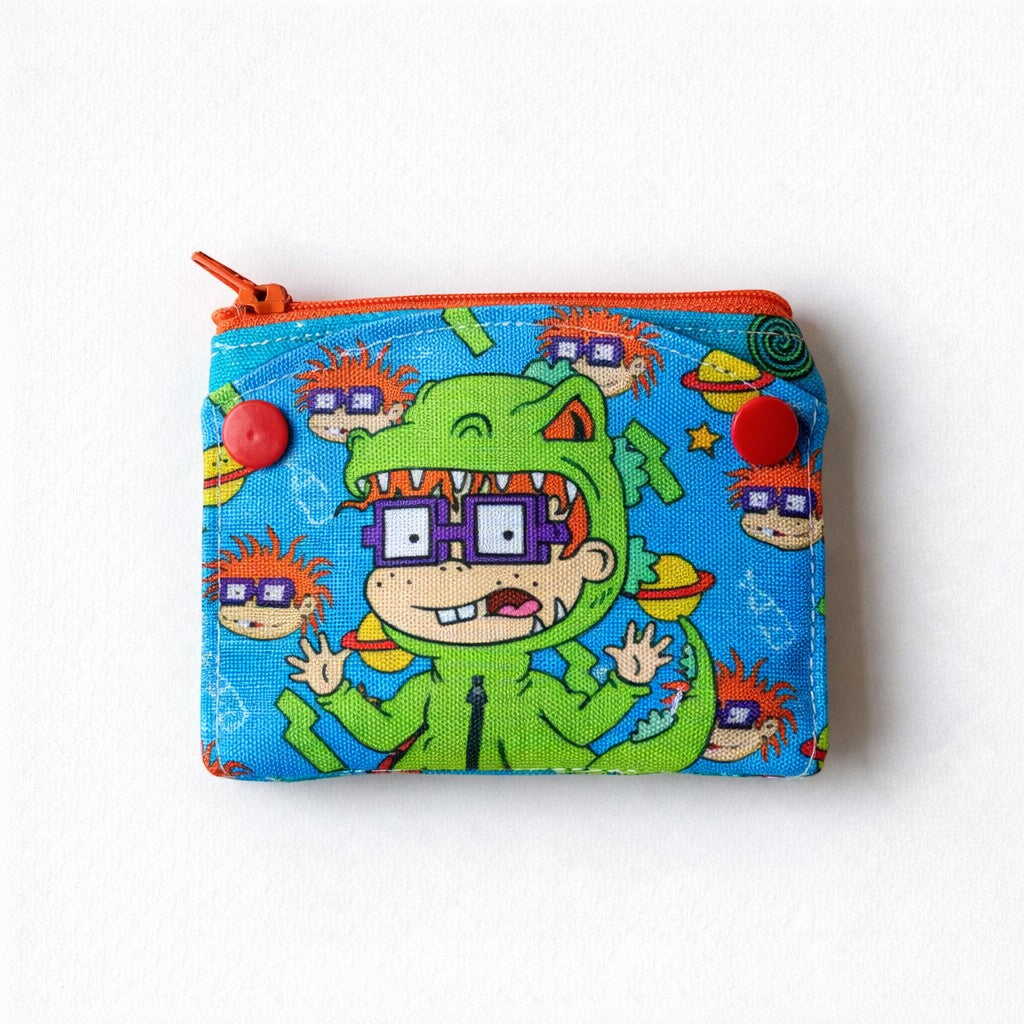 dfpbfriends blue waterproof canvas wallet with Rugrats Carlitos print, orange zipper, and red button closure.