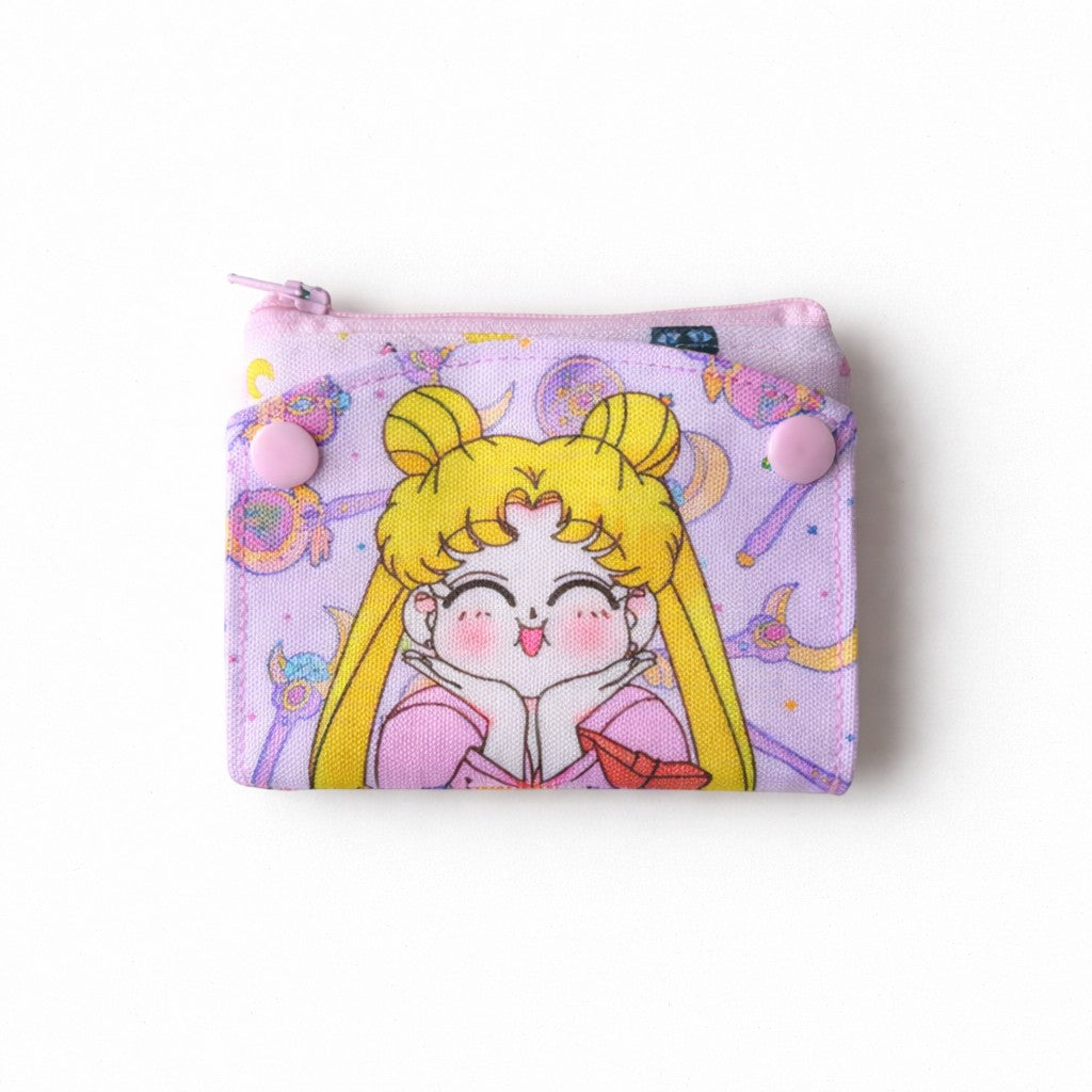 dfpbfriends purple canvas coin purse with Sailor Moon graphic and pink snap closure. Features 2 card slots and coin compartment.