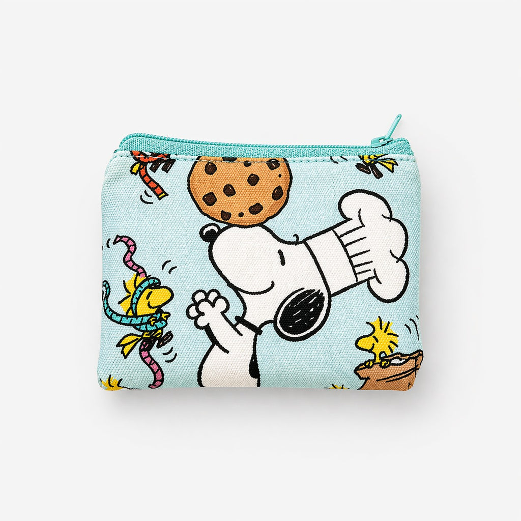 dfpbfriends light blue waterproof canvas coin purse with Snoopy balancing a cookie on his chef hat, Woodstock, and bees.