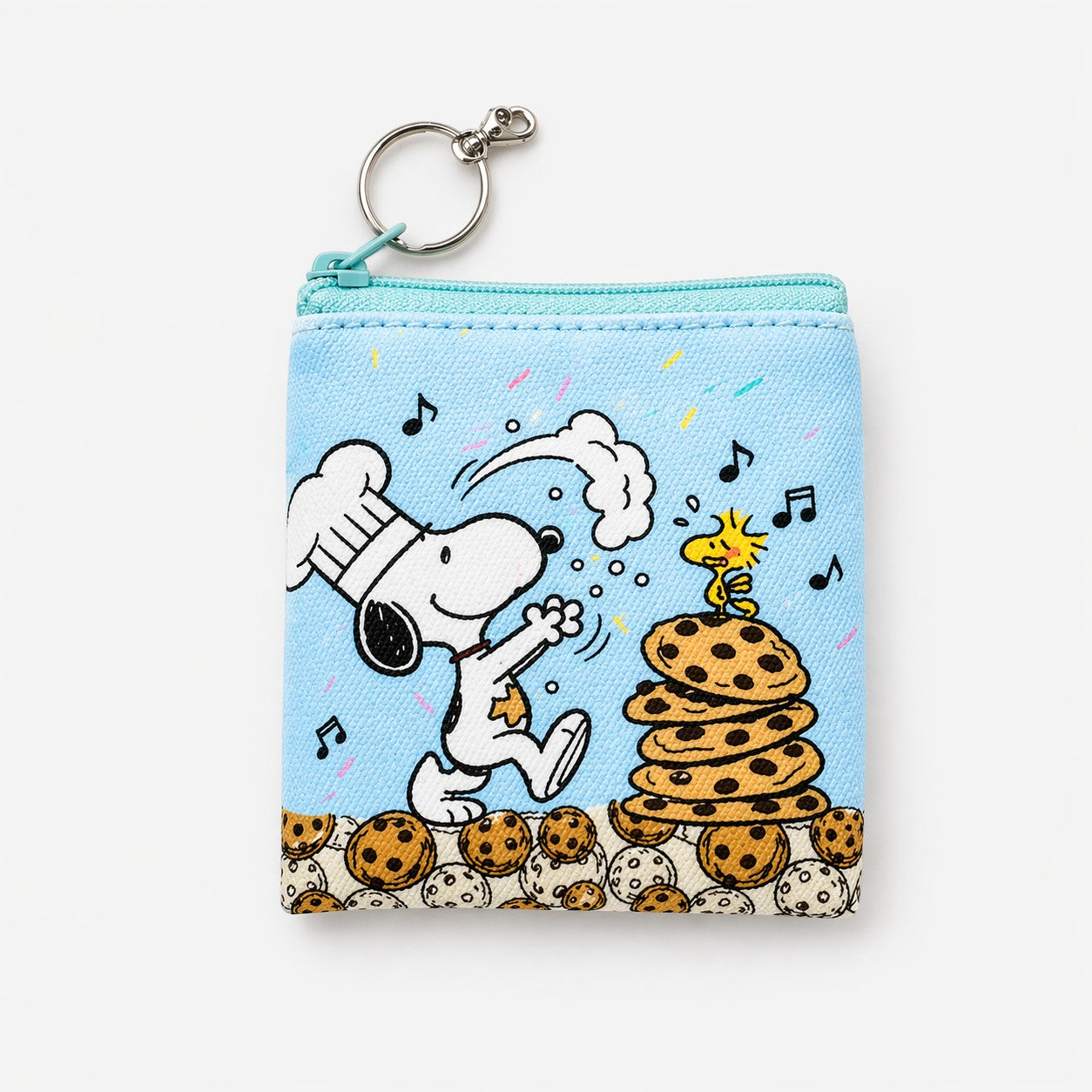 dfpbfriends light blue Snoopy coin purse with chef hat, Woodstock on cookies, and keychain. Waterproof canvas.