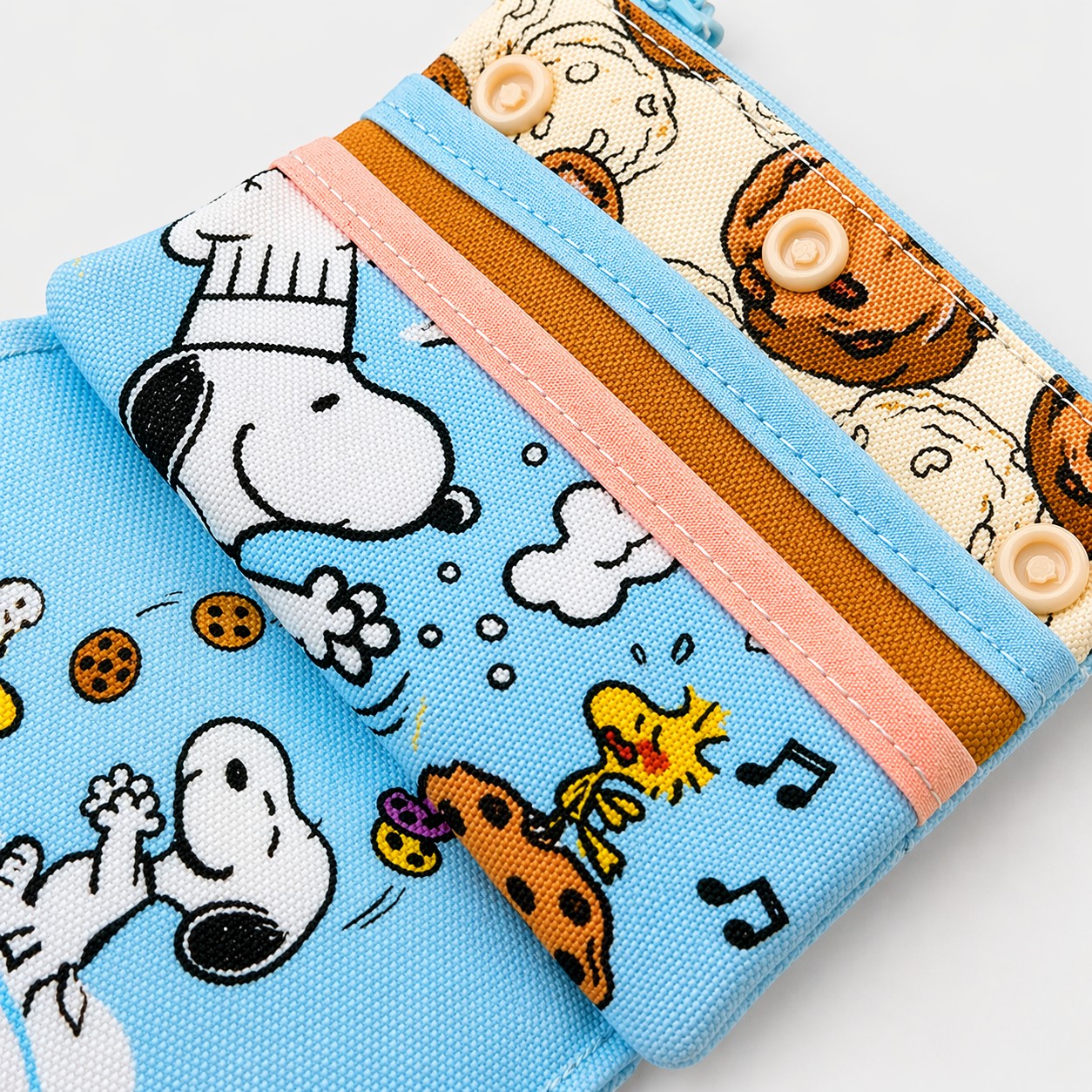dfpbfriends Snoopy and Woodstock wallet with cookie print, waterproof canvas, blue and cream.