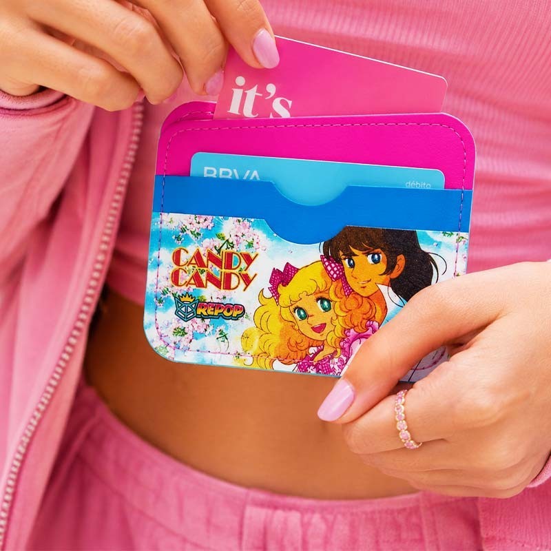 dfpbfriends Tarjetero de cuerina Candy Candy con estampado de personajes, dos bolsillos, rosa y azul.