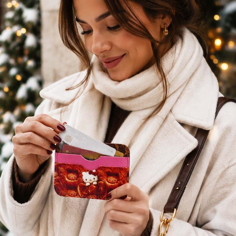 Tarjetero de cuerina dfpbfriends con estampado de Hello Kitty Winter, ideal para tarjetas y billetes.
