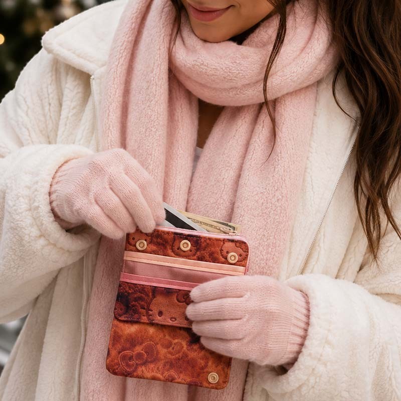 dfpbfriends Tarjetero Monedero Hello Kitty Winter de lona impermeable en tonos marrones y rosas con cierre de botón.