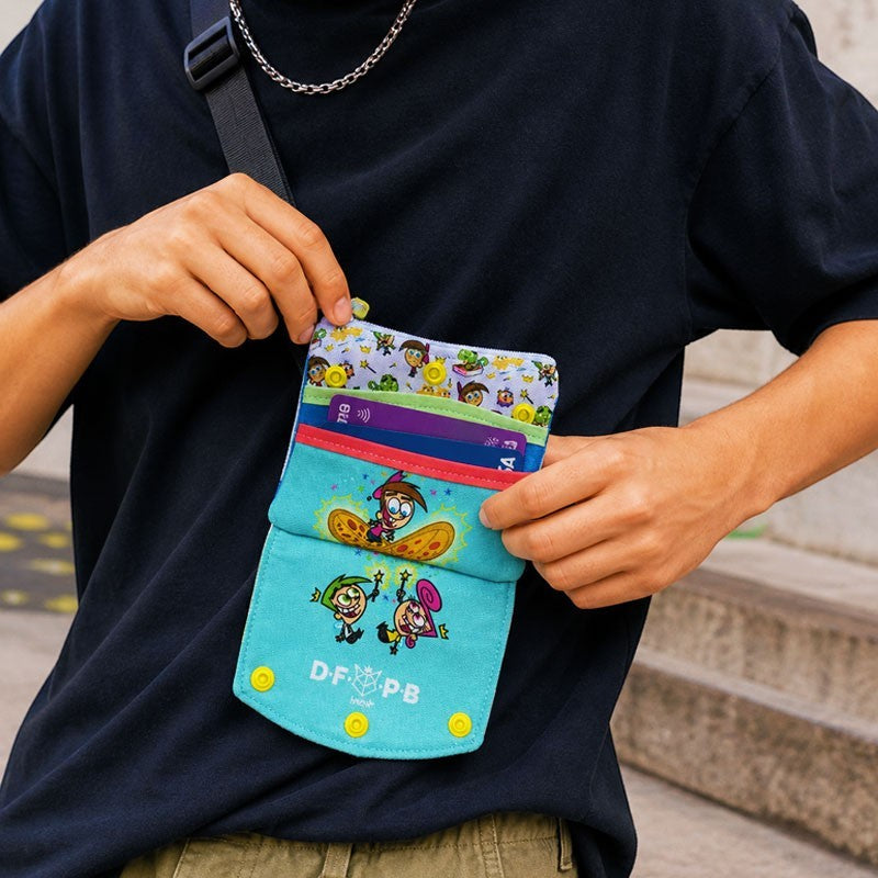 dfpbfriends Tarjetero Monedero Los Padrinos Mágicos, turquoise waterproof canvas wallet with Fairly OddParents characters, 2 card slots, coin pocket.