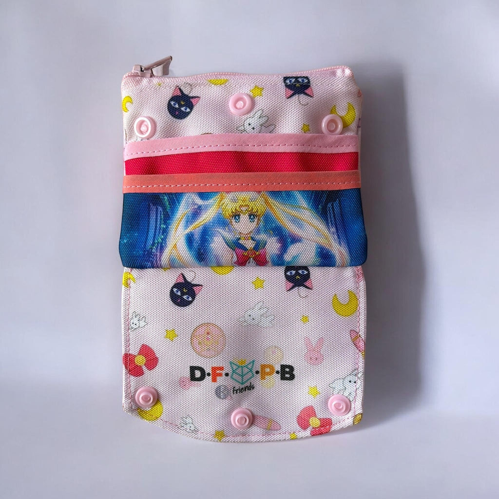 dfpbfriends pink waterproof canvas Sailor Moon wallet with card and coin compartments, featuring Sailor Moon graphic and Luna cats.