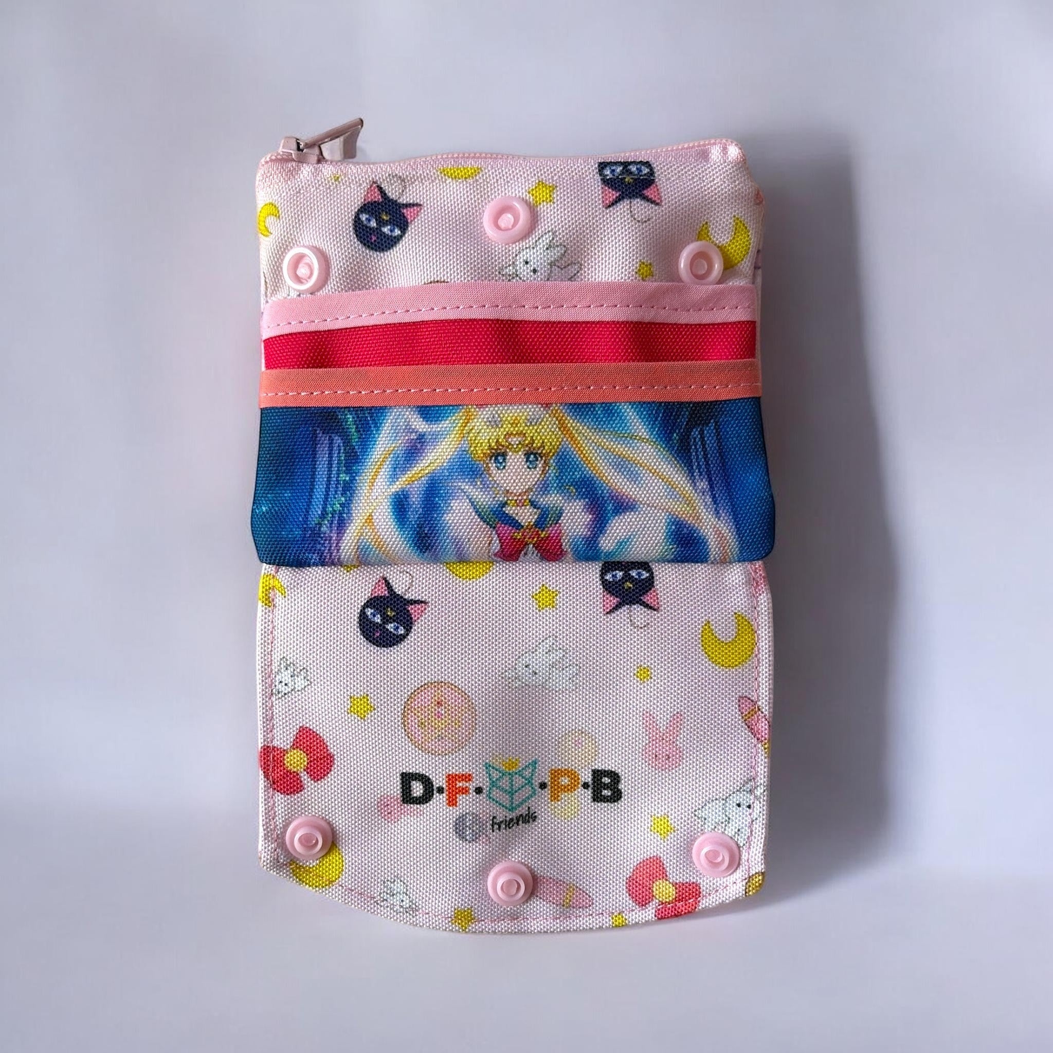 dfpbfriends pink waterproof canvas Sailor Moon wallet with card and coin compartments, featuring Sailor Moon graphic and Luna cats.