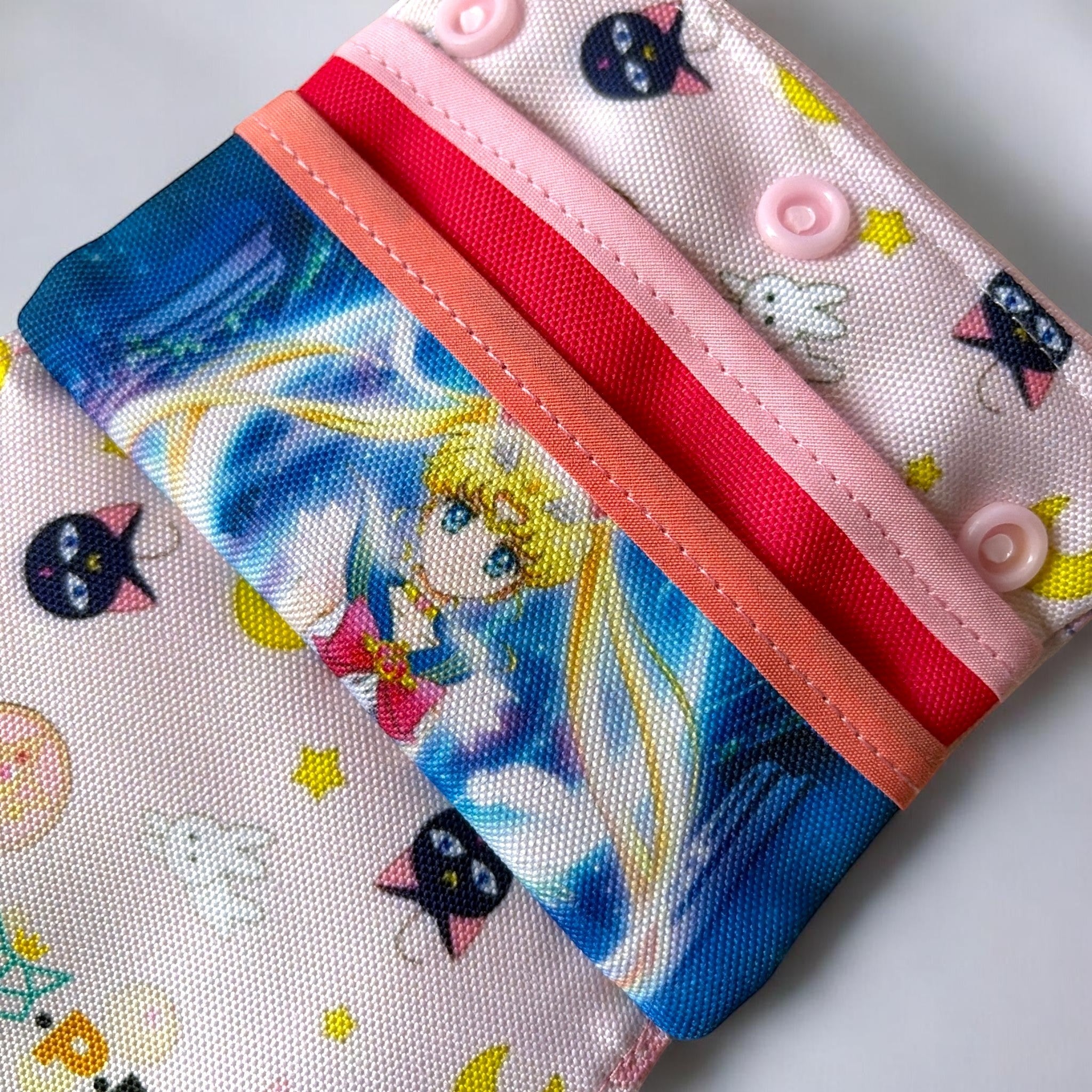 dfpbfriends Sailor Moon waterproof canvas wallet with card slots and coin compartment, featuring Sailor Moon character and Luna cats.